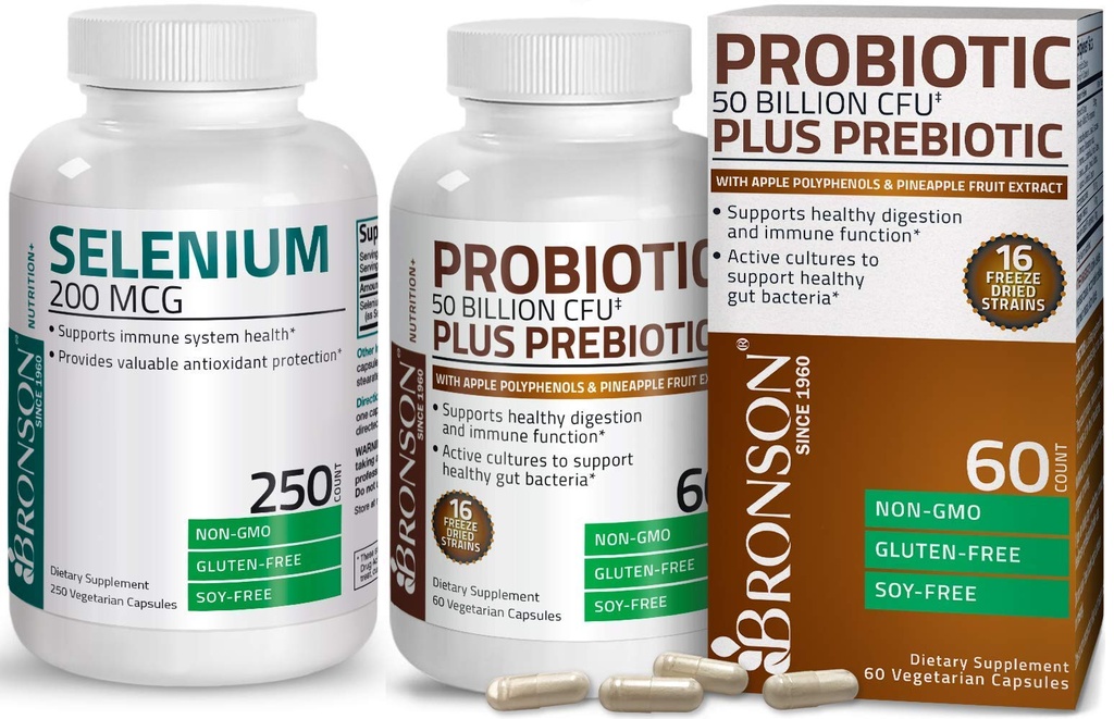 Bronson Probiotic 50 Billion CFU + Prebiotic with Apple Polyphenols & Pineapple Fruit Extract + Selenium 200 Mcg for Immune System, Thyroid, Prostate and Heart Health