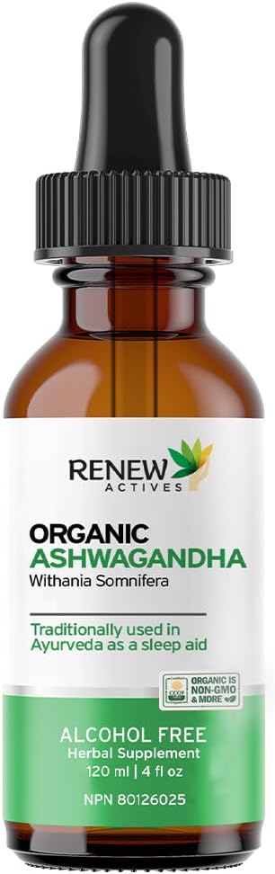 Renew Actives Organic Ashwagandha Liquid 220MG na 2 ml– Formula za hitro absorpcijo kognitivne funkcije, spomin, energijo, stres, spanje in imuno zdravje in duševno jasnost – Made in Canada - 120 ml