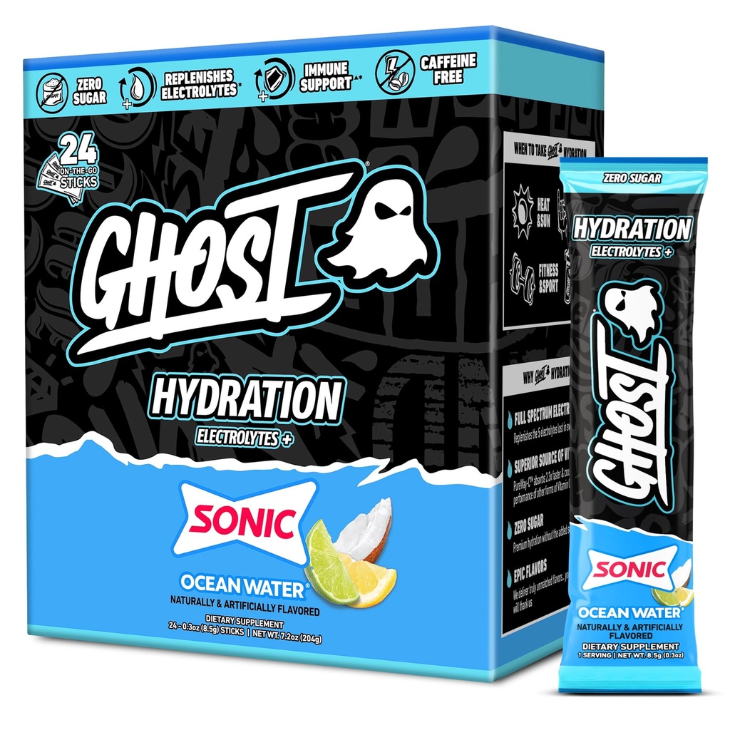 GHOST Hydration Packets, Sonic Ocean Water, 24 palice, Elektrolit v prahu - pijača Mix dodatek z magnezijem, kalij, kalcij, vitamin C - Vegan, brez soje, sladkor & Gluten