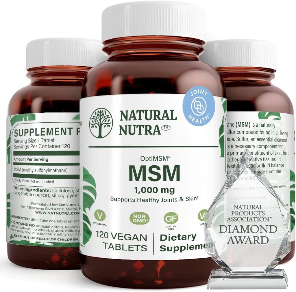 Natural Nutra OptiMSM, MSM dodatek z žveplom, Preprečiti odrgnine las, povečanje skupne prilagodljivosti in zdravje kosti, kartilage zdravje, Pomaga podpira ravnovesje tekočine, 1000 mg, (120) Veganske tablete