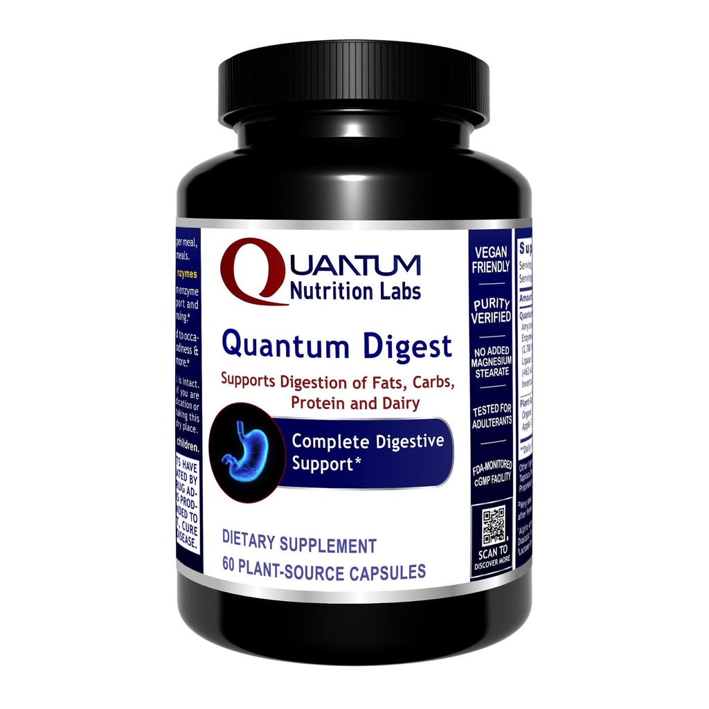 Quantum Nutrition Labs Quantum Digest - Prebavne zdravstvene encime za ženske in moške, Prebavna podpora za zdravje Gut, popolnoma aktivne veganske Enzyme tablete - 60 vegetarijanske kapsule