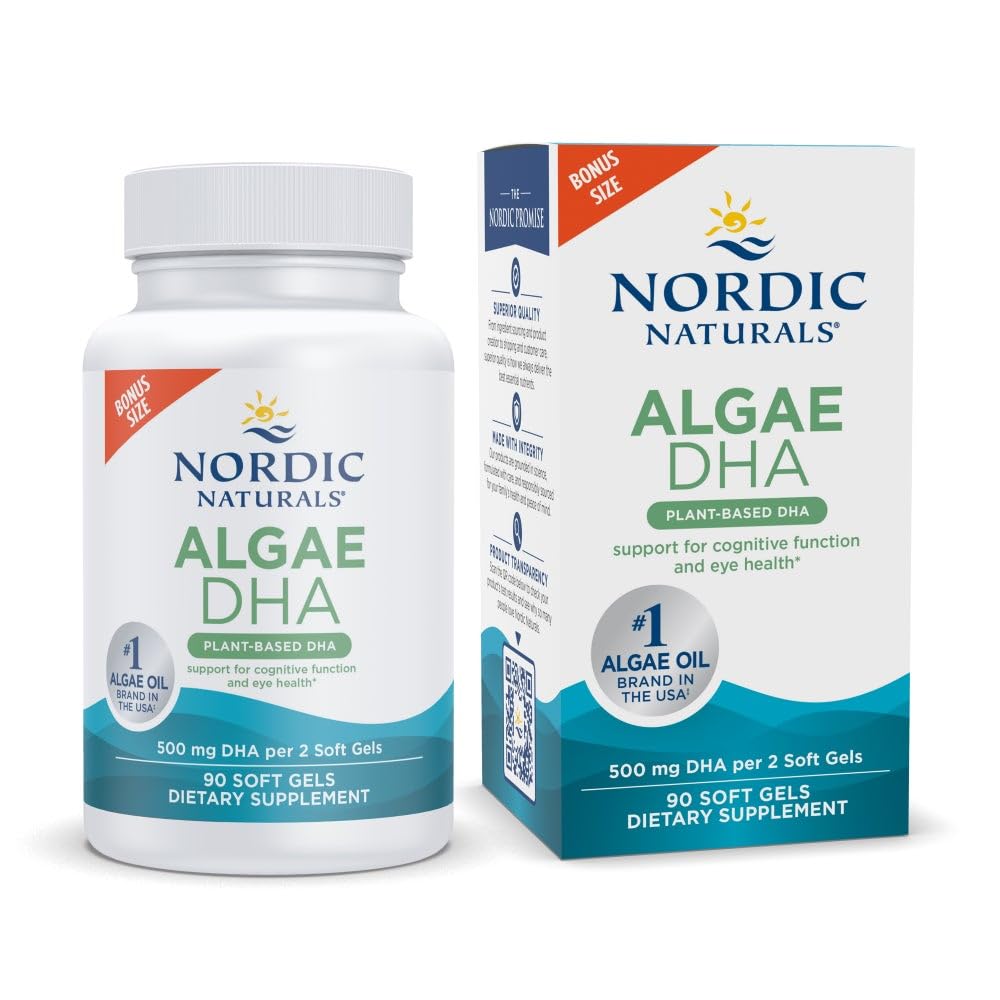 Nordic Naturals Algae DHA - 90 Soft Gels - 500 mg Omega-3 DHA - Certified Vegan Algae Oil - Nasadna DHA - Podpora za možgane, oči in živčevje - Non-GMO - 45 Servisi