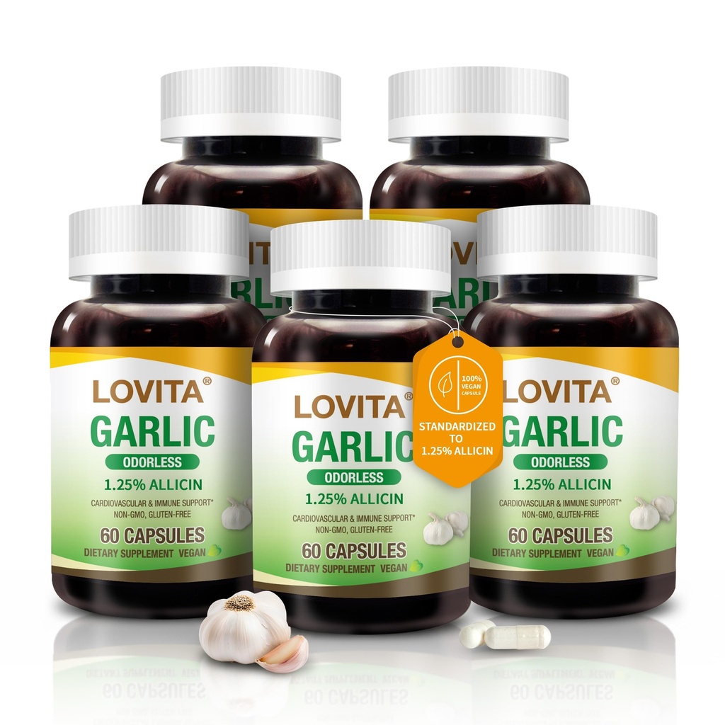 Lovita Česnove kapsule brez vonja, 5000 mg Sveže česen ekvivalent, 1,25% Izvleček alicina, podpira srce, krvni tlak, holesterol in imunski sistem, ne- GMO, Gluten-free, 300 Veganskih kapsul