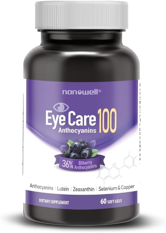 NANOWELL EyeCare Antocianins 100 - Eye Health dodatek z borovnico, Zeaksantin, Lutein, Antocianini, Vitamin A, E, Selen in baker - 60 Softgels, 60 Day Supply