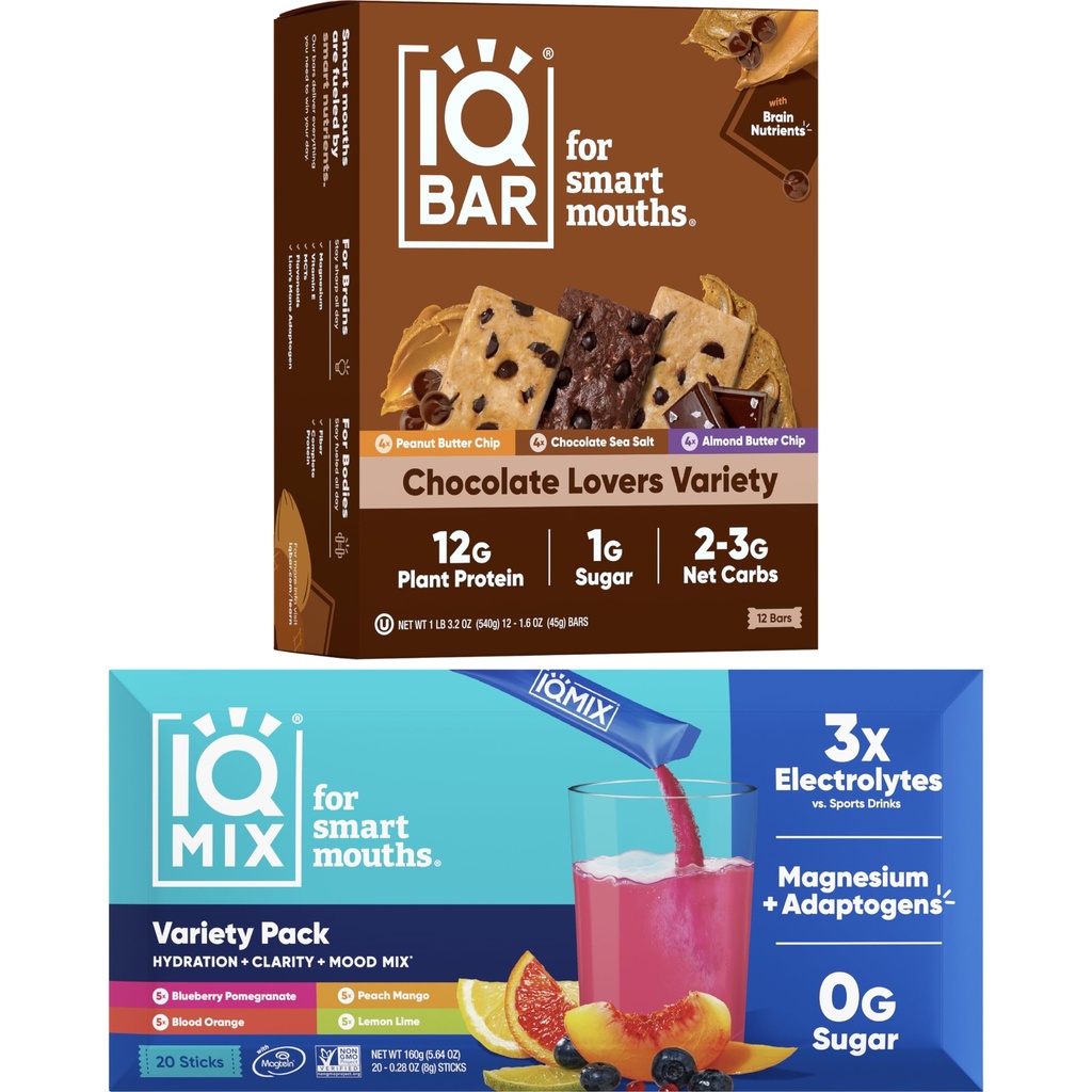 IQBAR Brain and Body Keto Protein Bars - 12 Count Chocolate Lovers Variety Low Carb, Vegan Bars & IQMIX Sugar Free Electrolyte Powder Packets - 20 Count Variety Pack Keto Elektroliti s Lions Mane