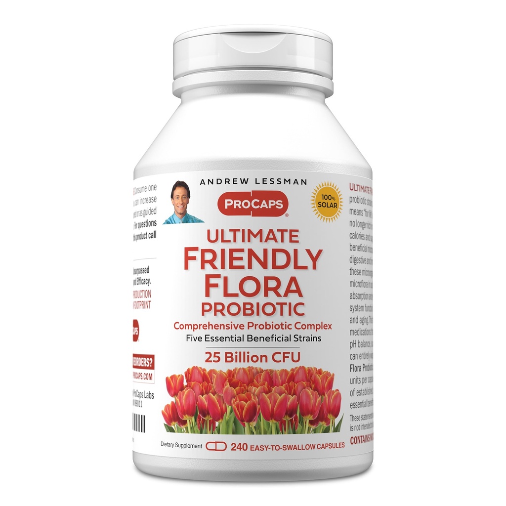 ANDREW LESSMAN Ultimate Friendly Flora Probiotic 240 Kapsule - 25 milijard CFU, celovita mešanica petih probiotičnih sevov, močan imunski in prebavne podpore. Probiotiki za ženske ali moške