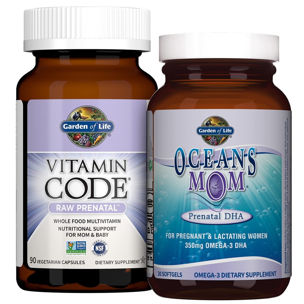 Vrt življenja Predporodni Multi + DHA paket: Vitaminska koda Surovi prednatalni multivitamin s Folatom, 90 Vegetarijanske kapsule Plus Oceans Mama DHA Enkrat na dan, 350mg DHA ribje olje, 30 Jagodni softgels