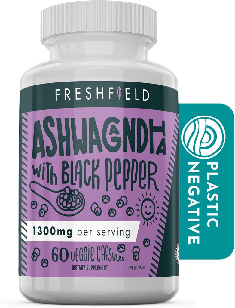 Freshfield Ashwagandha s črnim poprom. Vegansko prijazno dopolnilo za adrenalno utrujenost podporo, mišično spomin, ščitnico in moč. Vse naravne 1300mg kapsule