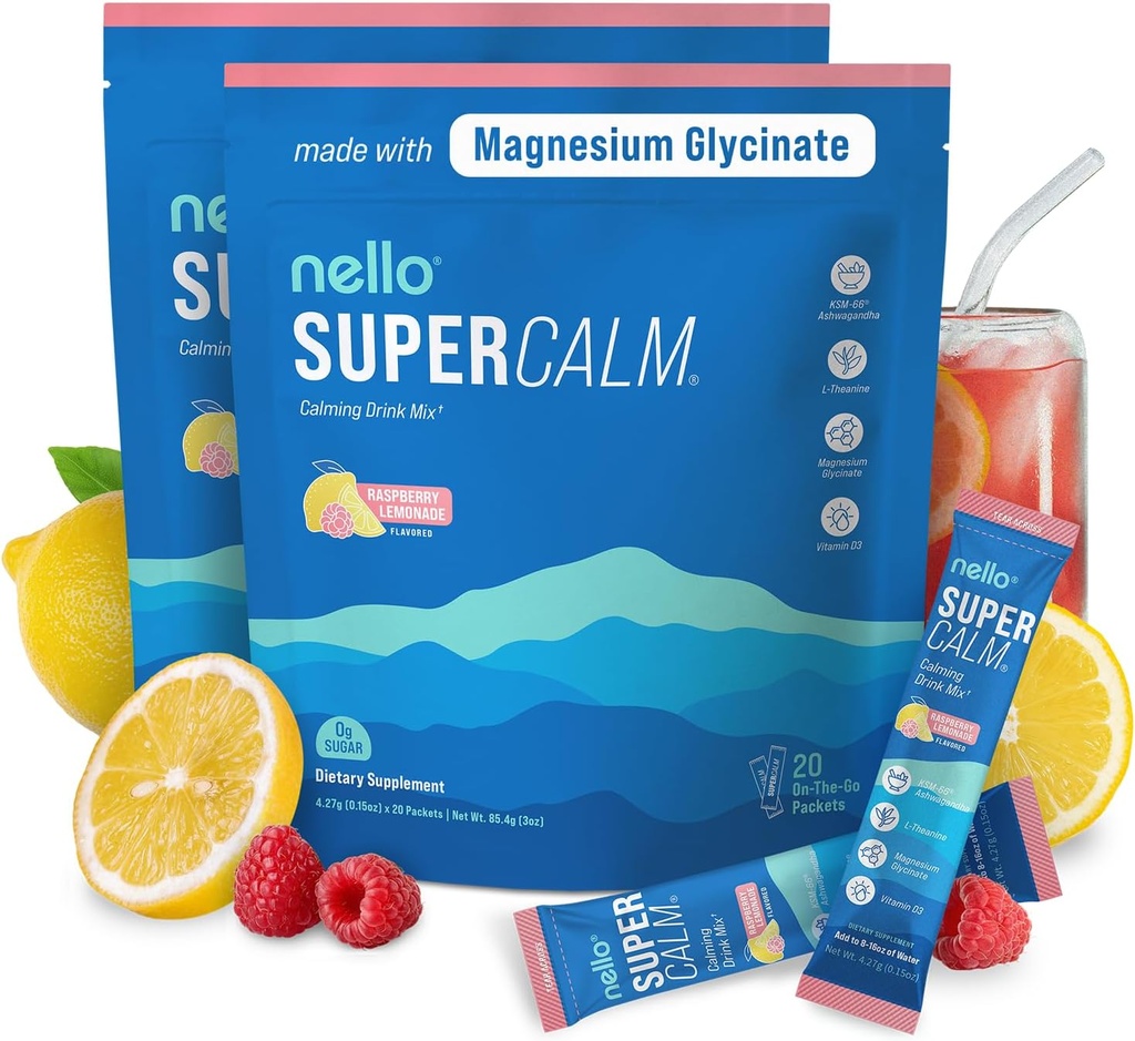 Nello Supercalm v prahu mix, Raspberry Lemonade, L Theanine, Ksm-66 Ashwagandha, Magnezij Glycinate, Vitamin D 3, Dodatki za sprostitev & Focus, Brez sladkorja, Non GSO, Na Go, (2-Pack)