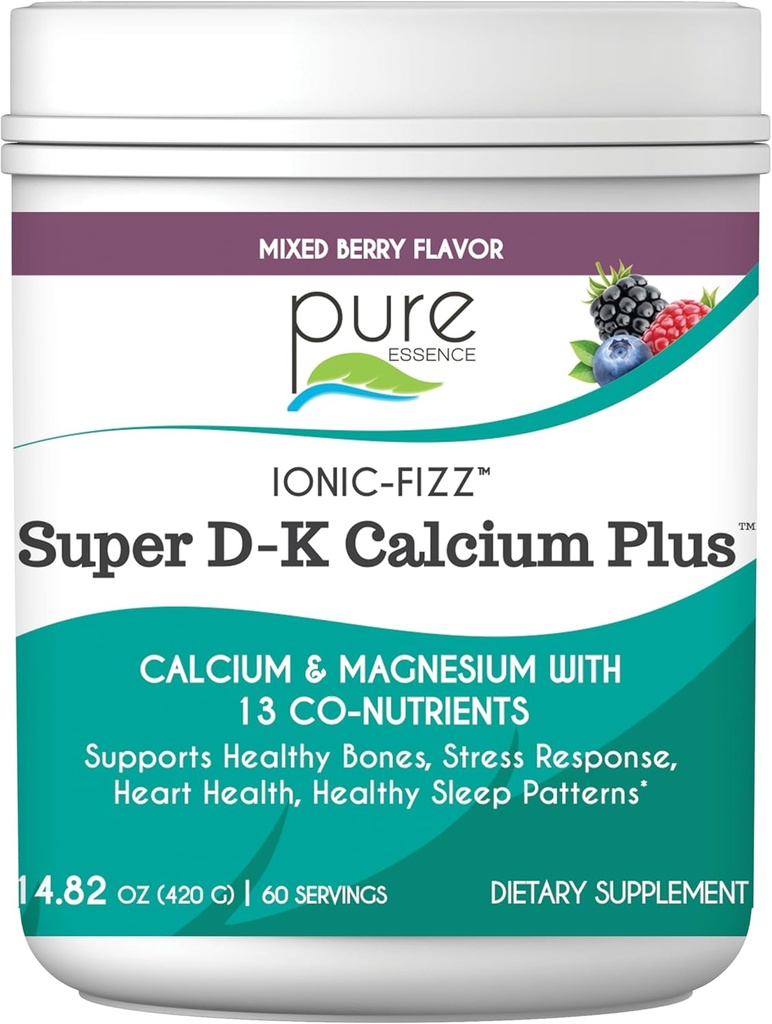 Ionic Fizz Super D-K Calcium Plus by Pure Essence - z dodatnim magnezijem, vitaminom D3, vitaminom K2 za močne kosti in podporo stresu - mešana jagoda - 14.82oz