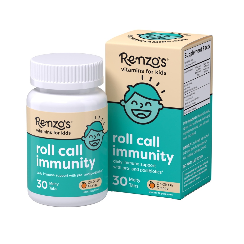 Renzo's Roll Call Immunity - Dissolvable Kids Immune Support Supplement with IMMUSE Postbiotic, Sugar-free Kids Vitamini, 30 Orange-Flavored Melty Tabs