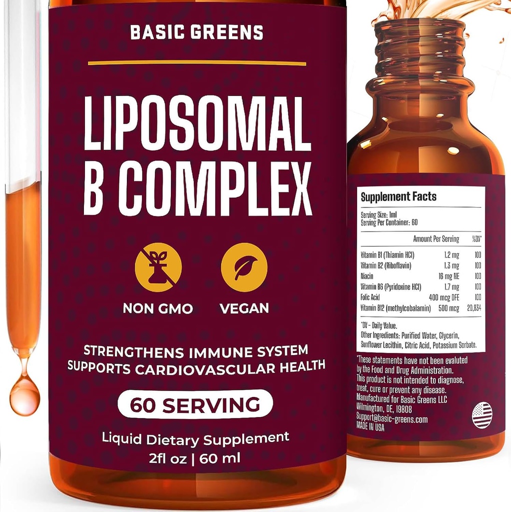 Liposomni B vitamini kompleksni tekoči – visoka absorpcija za energijo, zdravje možganov in kože, lase in nohte, Napredna liposomska dostava, Vegan, Non-GMO, 2 Fl Oz