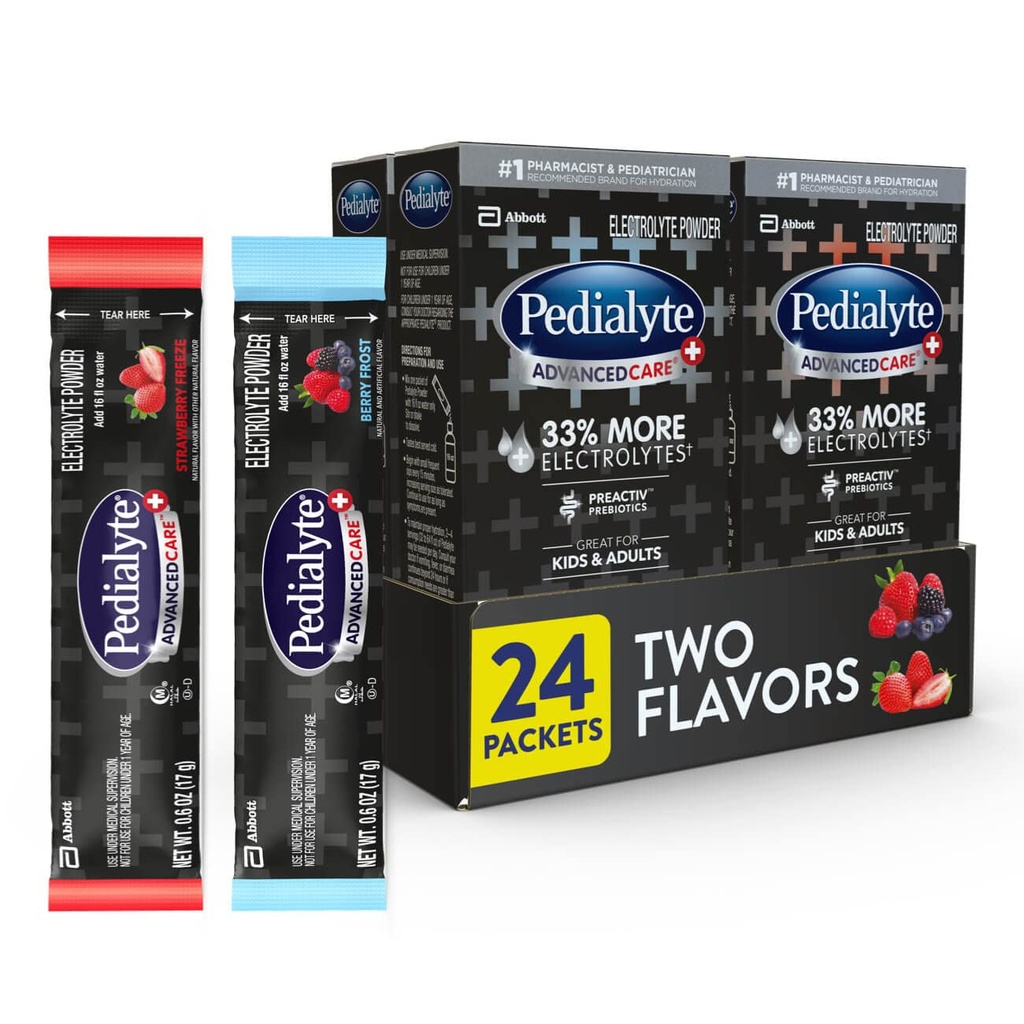 Pedialyte AdvancedCare Plus Electrolyte Powder, ima 33% več elektrolitov in PreActiv Prebiotics, Variety Pack: Berry Frost in Jagode Freeze, 24 Powder Packets