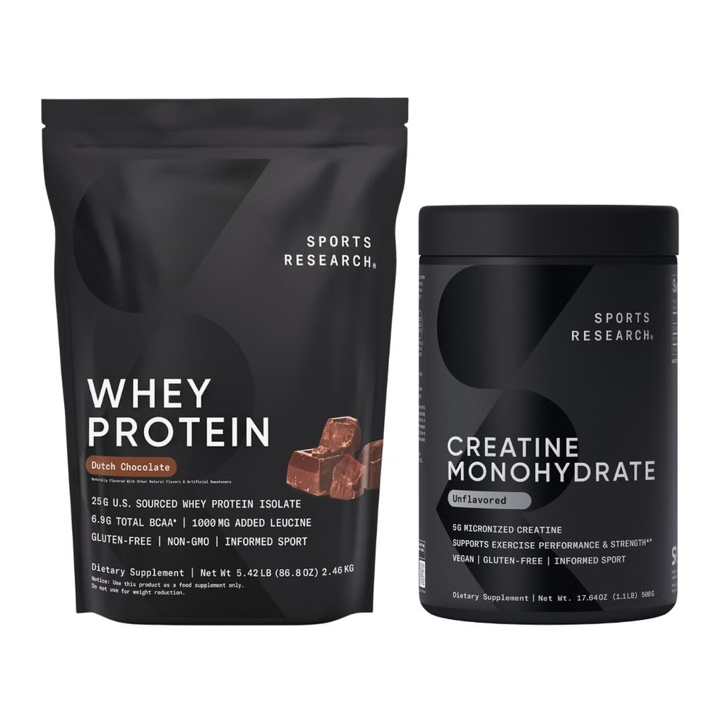 Športne raziskave® Kreatin Monohidrat (1.1 LBS) in nizozemski čokoladni sirotkini proteini (5.42 LBS), Dynamic Duo za gradnjo mišic, izboljšano zmogljivost in moč in regeneracijo