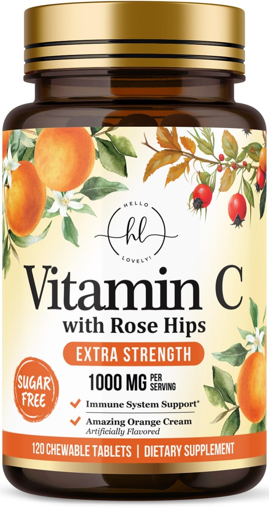 Vitamin C Dodatek 1000mg - Dodatna moč z bioflavonoidi vrtnic - brez sladkorja Vitamin C Žvečljive tablete, Vit C narave za imuno podporo in zaščito antioksidant - 120 žvečljive tablete