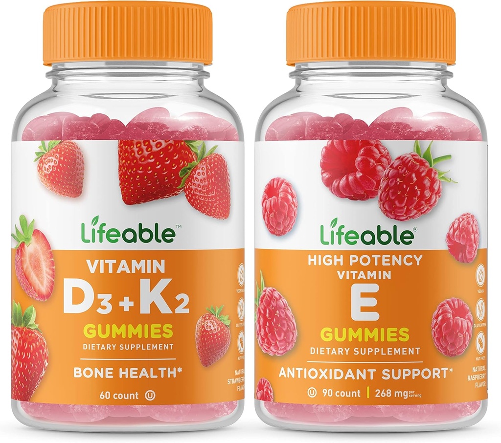 Življenjski Vitamin D3 + Vitamin K2 + Vitamin E, Gummies Bundle - Odličen okus, Vitamin dopolnilo, Gluten brezplačno, GSO brezplačno, Žvečljivi gumi