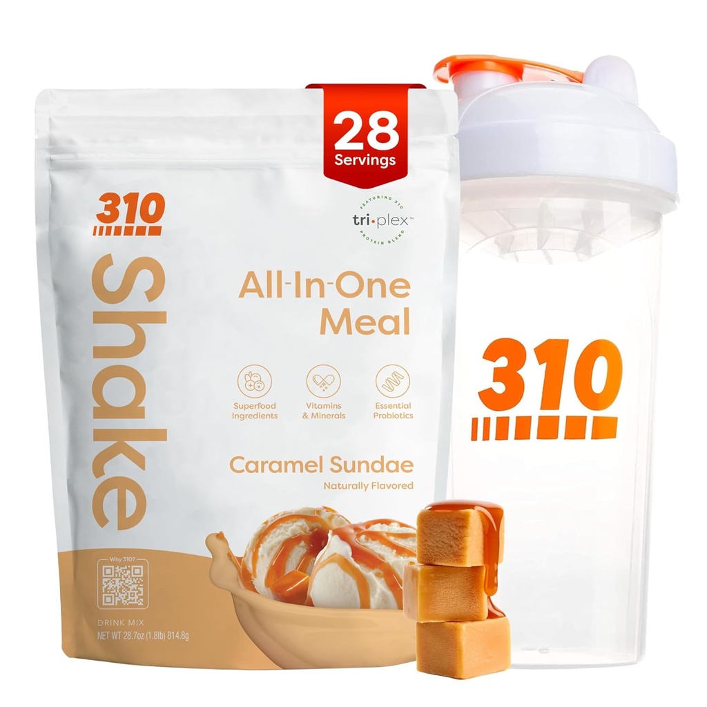310 Nutrition All-in-One Mechange Shake Powder w/Shaker Cup Starter Kit - High Protein Fiber Rich Vegan Superfood Mešanica - Sugar-free, Keto & Paleo Friendly, Low Caramel Sundae 28 srv