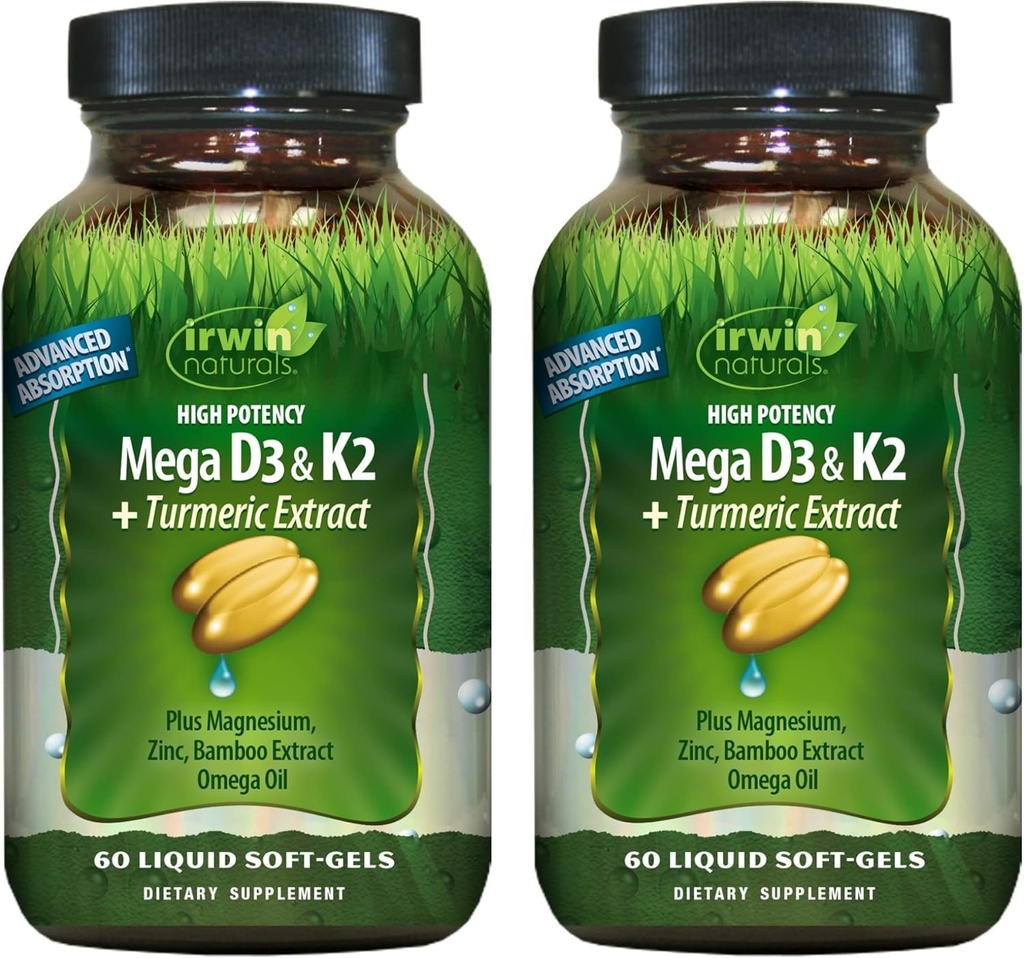 Irwin Naturals High Potency Mega D3 & K2 + Izvleček kurkuma za zdrave kosti, imunske funkcije in pozitiven razpoloženj - Napredna absorpcija z magnezijem, kurkuma, Bambusom in Omega oljem - 60 tekočih softgel