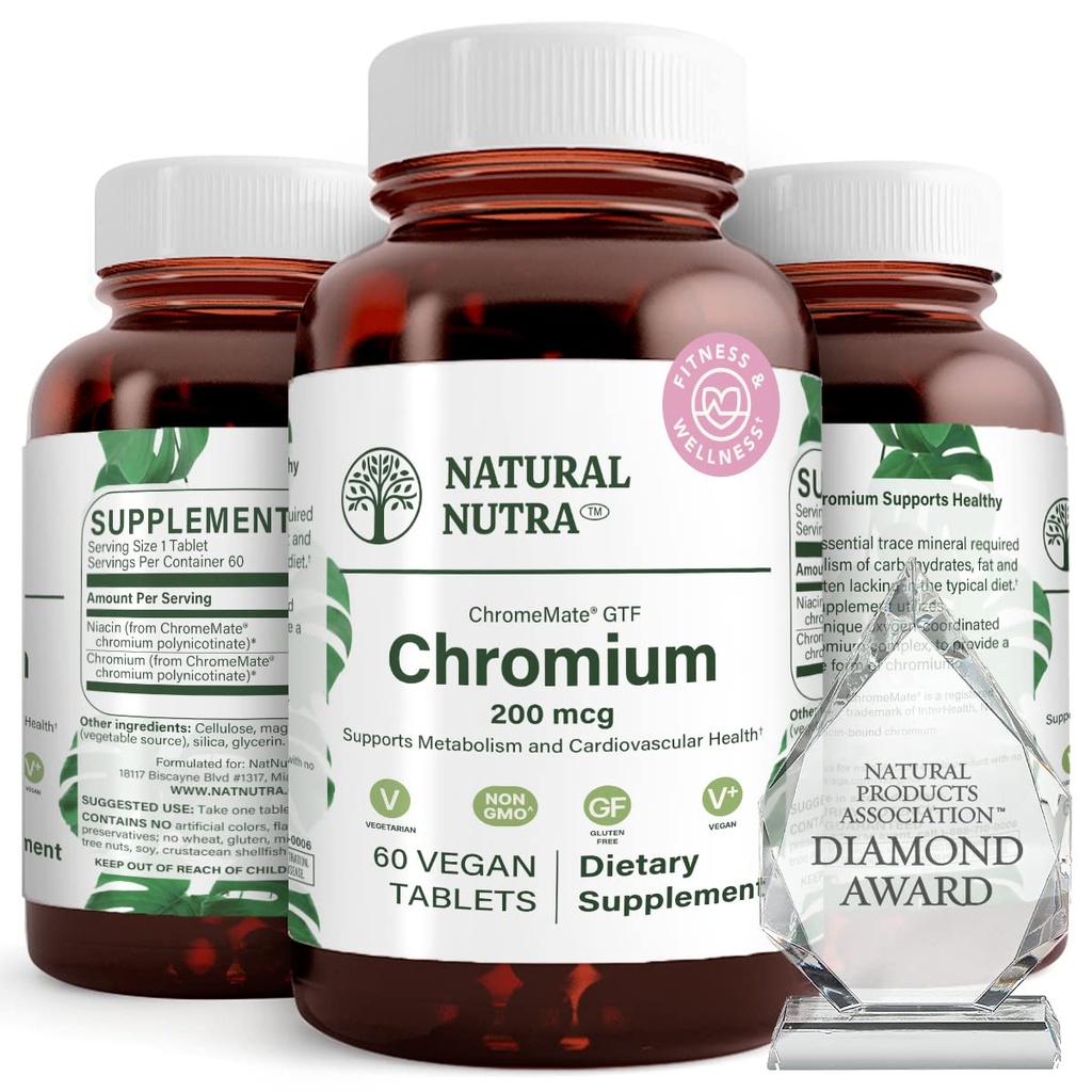 Naravni Nutra GTF Kromov polinikotinat s ChromeMate, podpira presnovo telesa, spodbuja zdravje telesa, kardiovaskularno zdravje 200 μg, 60 veganskih tablet