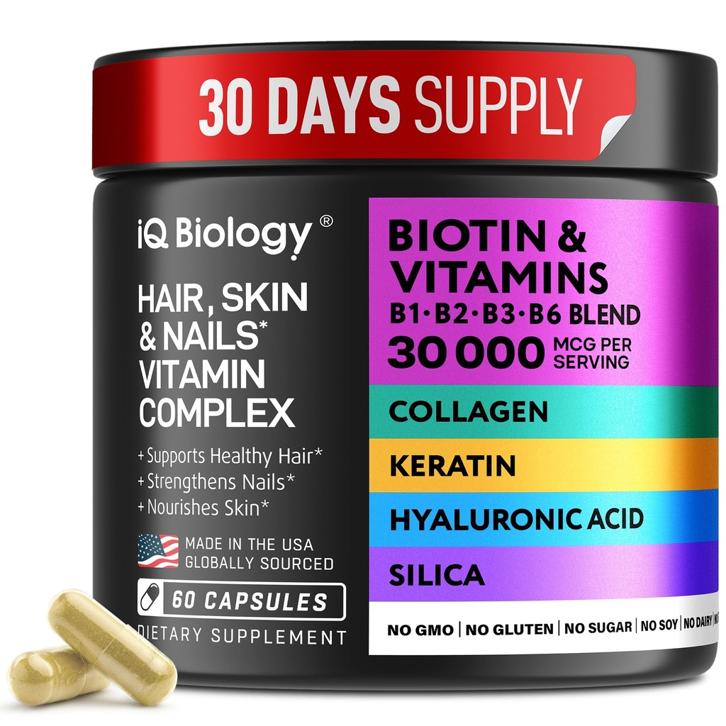 Biotin za rast las Ženske in moški s keratin, kolagen kompleks 30000 mcg – Kapsule za izgubo las in močnejši debelina – kože in nohti Vitamini, Biotin 10000mcg in kolagen dopolnila - 60 tablet