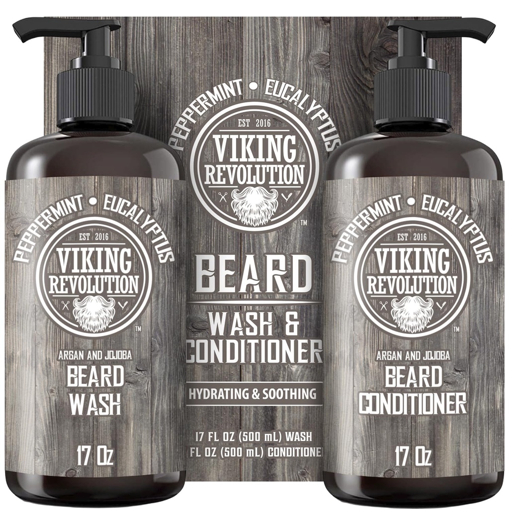 Garnitura vikinških revolucij Beard Wash & Conditioner w/Argan & Jojoba Oils – Mehkužci, gladki in krepi rast brad - naravna peppermint in Eucalyptus Scent - Shampoo (17 oz)
