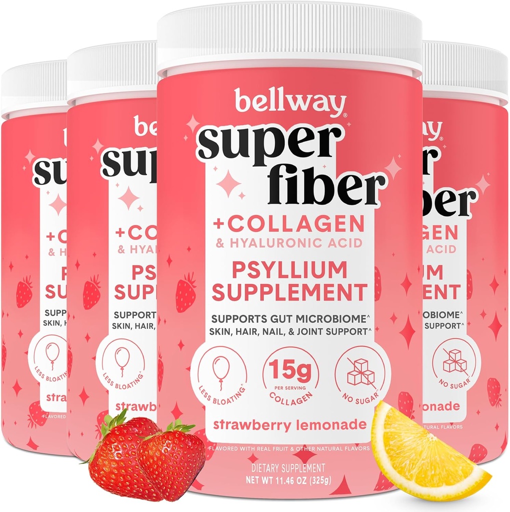 Bellway Super Fiber Powder + Collagen (4 paketi), Psyllium Husk Powder brez sladkorja s kolagenom Peptide za zdravje črevesja, zdravo kožo, nohte, kosti in sklepe, Jagodna limonada (45,84 oz)