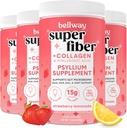Bellway Super Fiber Powder + Collagen (4 paketi), Psyllium Husk Powder brez sladkorja s kolagenom Peptide za zdravje črevesja, zdravo kožo, nohte, kosti in sklepe, Jagodna limonada (45,84 oz)