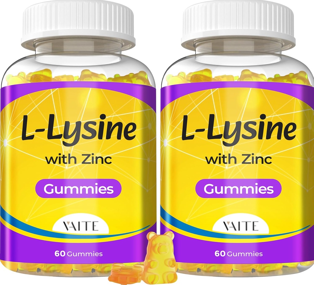 L Lysine Gumies 1000mg z cinkom - podpira kožo, Lip, Vegan, Gluten prost, 60 Žvečljivi L-lizin za odrasle, vitamini zdravje tkiva in imunski sistem, aminokisline in kompleksni dodatki, ne-GMO(2Pack)