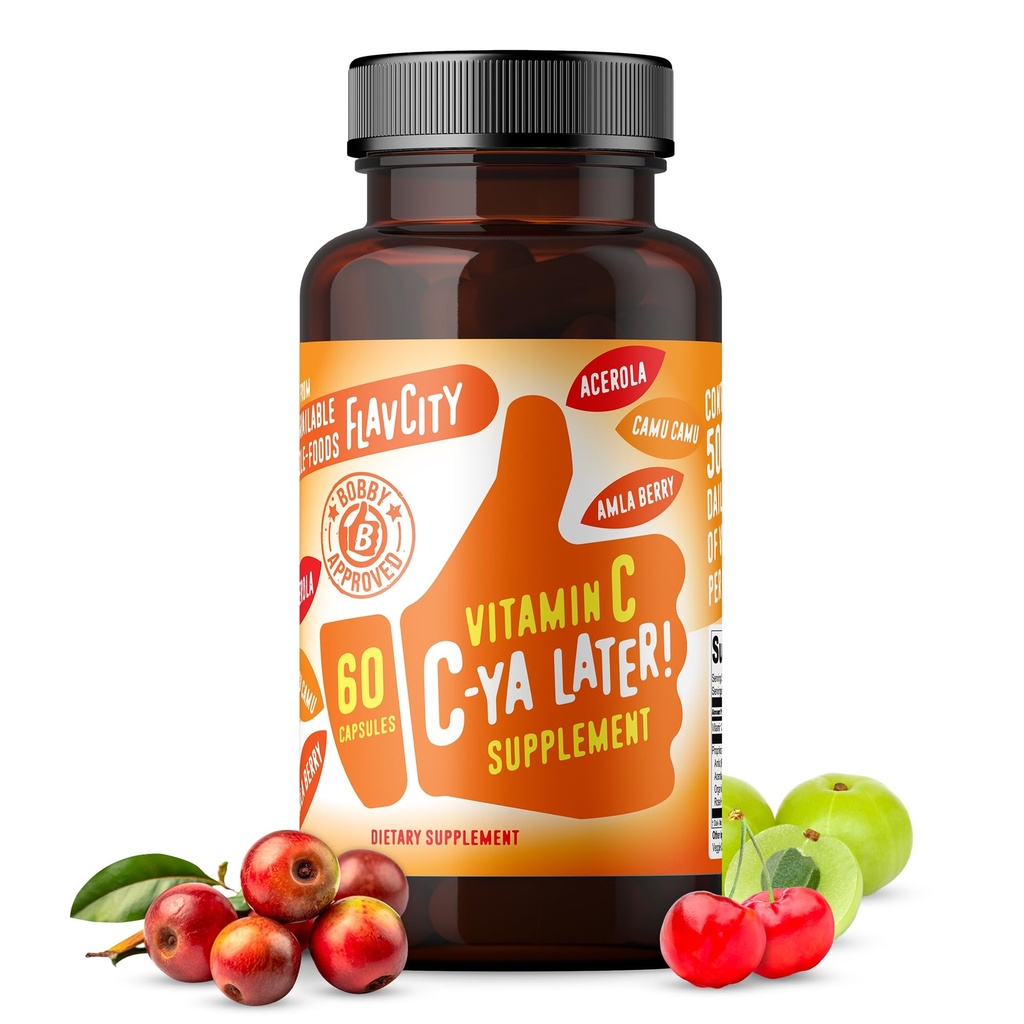 FlavCity Vitamin C dodatek, C-Ya kasneje! Superfood-Derived Immunity Support - Biorazpoložljiva Imunska podpora vitamina C iz Acerola Cherry, Rose Hips & Camu Camu - 500 % dnevna vrednost (60 kapsul)