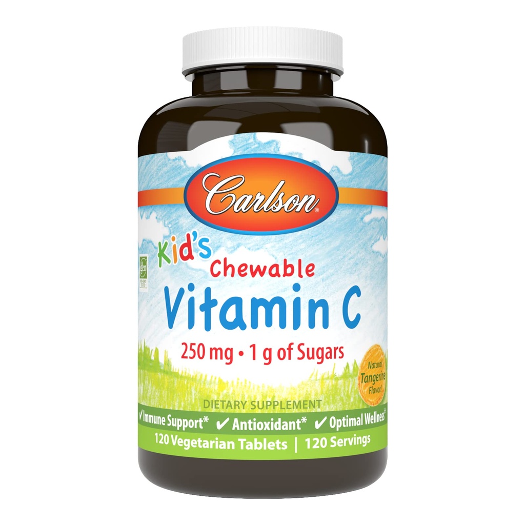 Carlson - otroški žvečljivi vitamin C, 250 mg, 1 g sladkorjev, Imunska podpora & Optimalna Wellness, Antioksidant, Tangerin, 120 vegetarijanske tablete