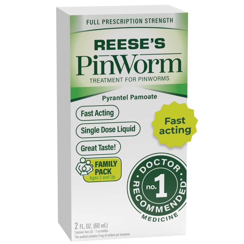 Reese's PINWORM Medicine Tekoča za celotno družino, Polna predpisovanje moč, 2 Oz, #1 Zdravnik priporoča enojni odmerek Pirantel Pamoate Defiler za odrasle in otroke starosti 2+, Banana aroma