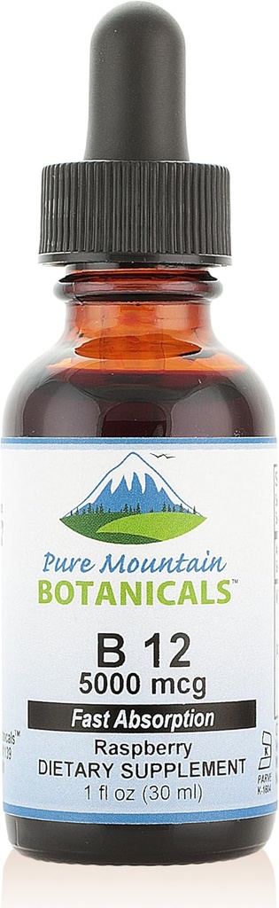 Čisti gorski botaniki B12 Vitamin 5000 mcg – Kosher B12 Kapljice v 1oz steklenici z naravno okusom jagod