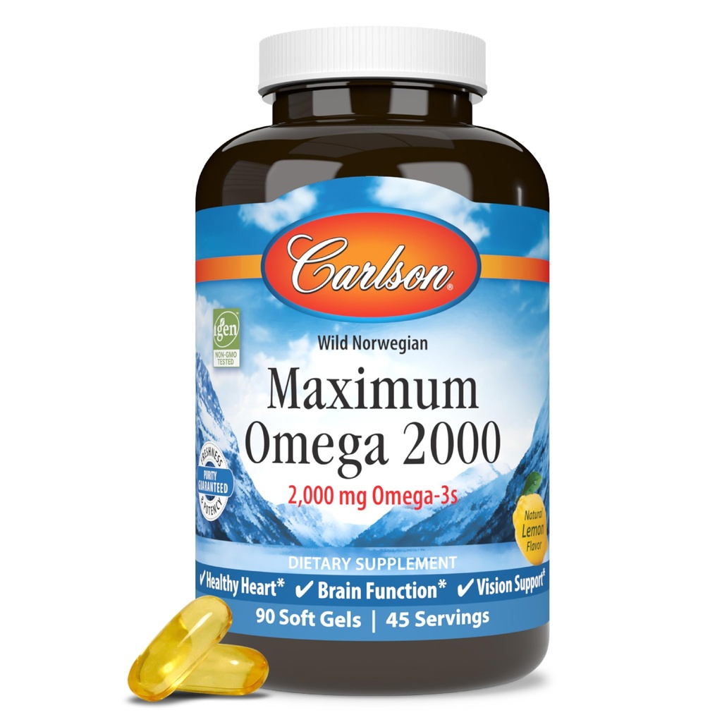 Carlson - maksimum Omega 2000, 2000 mg Omega-3s, zdravo srce, delovanje možganov in podpora vidu, Lemon, 90 mehkih gelov