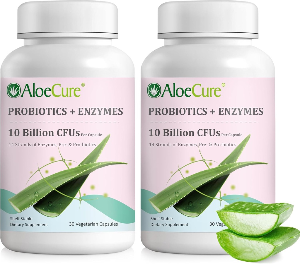 AloeCure Daily Probiotics 10 milijard CFU za digestivno podporo 8 sevi, 6 Prebiotiki in encimi - Prebavni dodatek z bromelainom za ženske in moške - Gut podpora, Prebavni Relief, 30 Caps x 2btls