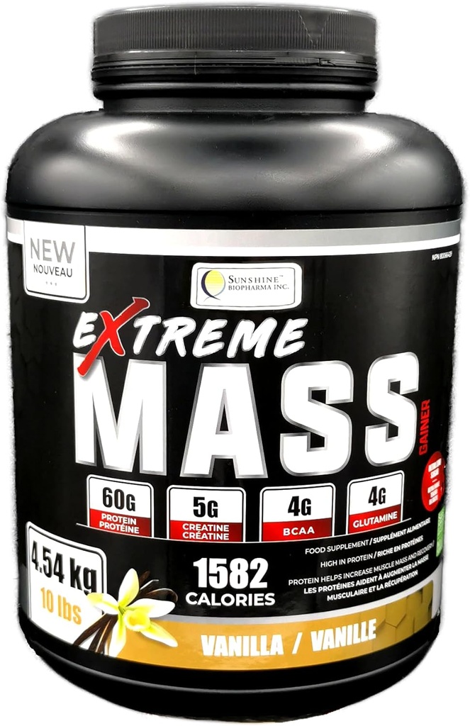 Extreme Mass Huight Gainer Muscle Builder, 10 lb (4,54 kg) z manj sladkorja za intenzivno usposabljanje vadbe Iz visoke kalorie fortified sirotkinih beljakovin (Vanilla)