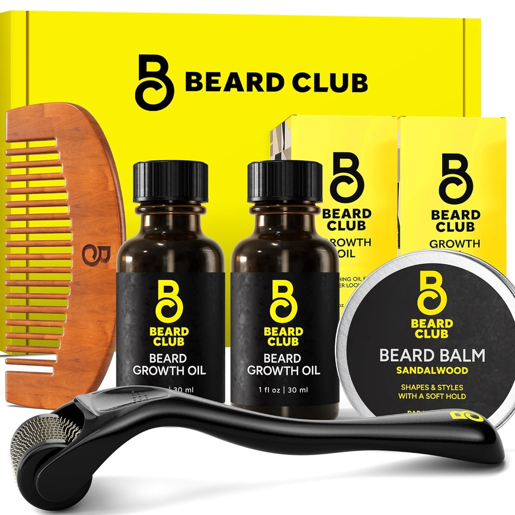Bradati klub Izboljšana brada rast komplet - Derma roller, Brada rast olje (2PK), Sandalwood bradd balzam, Comb - set