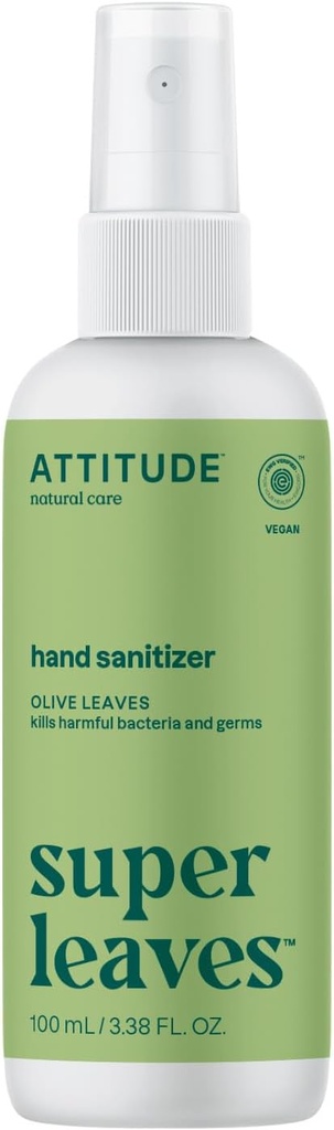 ATTITUDE pršilo za ročno čiščenje, EWG preverjeno, Kills Germs & Bakteria, Vegan & rastlin-based, varno za odrasle in otroke, Olive Leaves Scent, 3,38 Fl Oz (Spray steklenica)