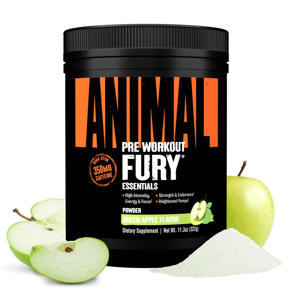 Animal Fury Pre Workout Powder - Green Apple, 350mg kofein, BCAA aminokisline, 2g beta alanin, citrulin in tirozin, energija, fokus, moč, vzdržljivost, Preworkout za moške in ženske, 20 Serving