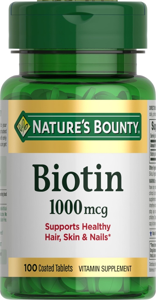 Narava Bounty Biotin, podpira presnovo za energijo in zdrave lase, kožo in nohte, 1000 μg, 100 tablet