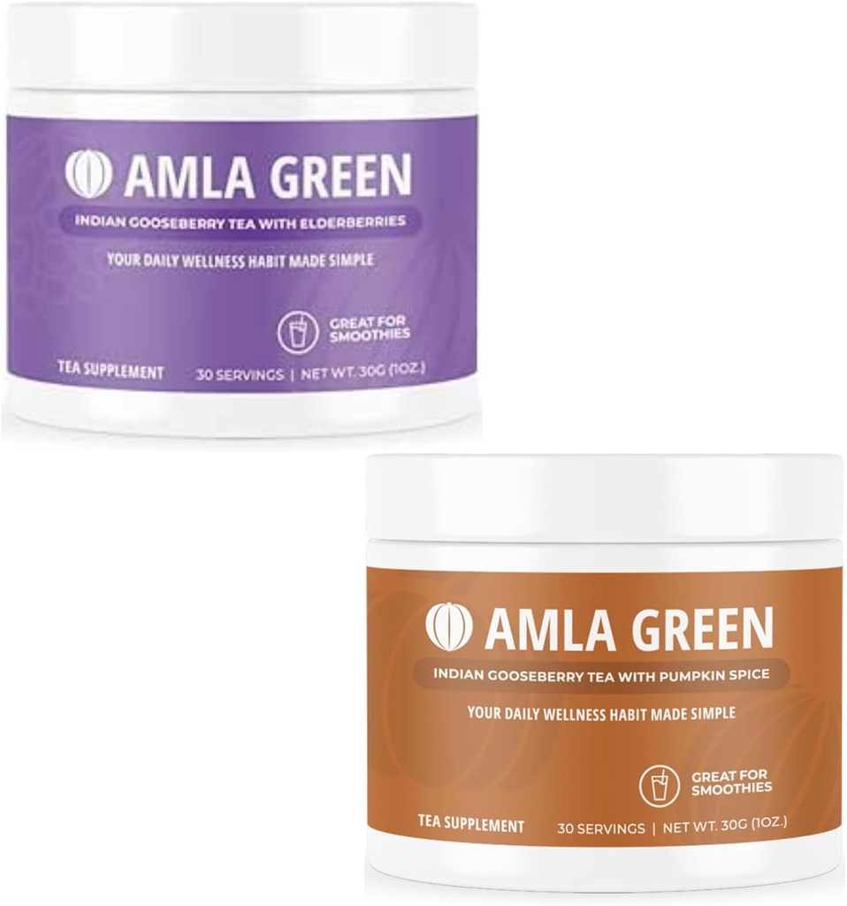 Amla Powder & Green Tea Superfood dodatek z Bezgovo jagodo in bučno začimbo, organsko, vegansko, 30 Serving
