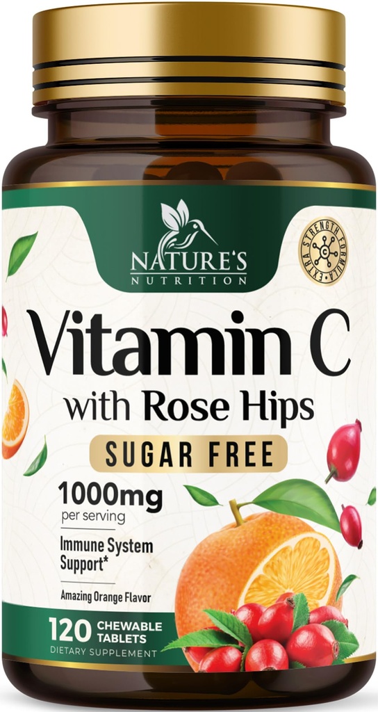 Vitamin C Žvečljivi 1000mg - Dodatna moč Antioksidanti za močno imuno podporo w/vitamin C & Rose HIPS - Močna prehrana VIT C Chews dodatek, naravna pomaranča aroma, Vegan, Non-GMO - 120 tablet