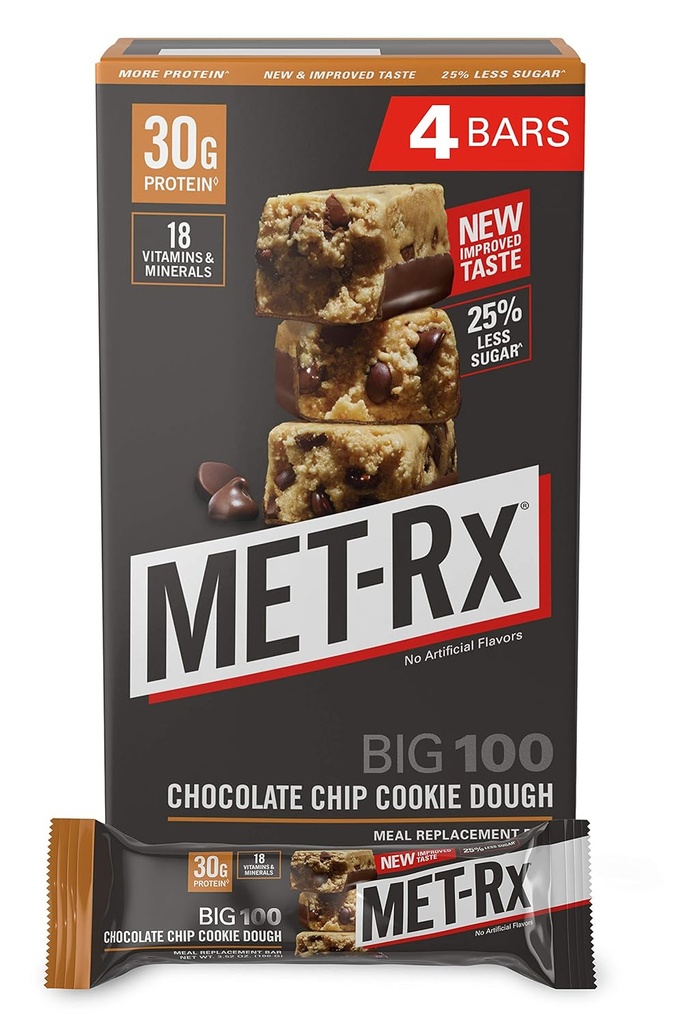 MET-Rx Big 100 Kolosalne beljakovinske čokoladice, Super kot zdravo obrok zamenjavo, prigrizek, in pomoč podporo energije, Gluten Free, čokoladni Chip piškotek Dough, 100 g, 4 Število (Packaging May Vary)