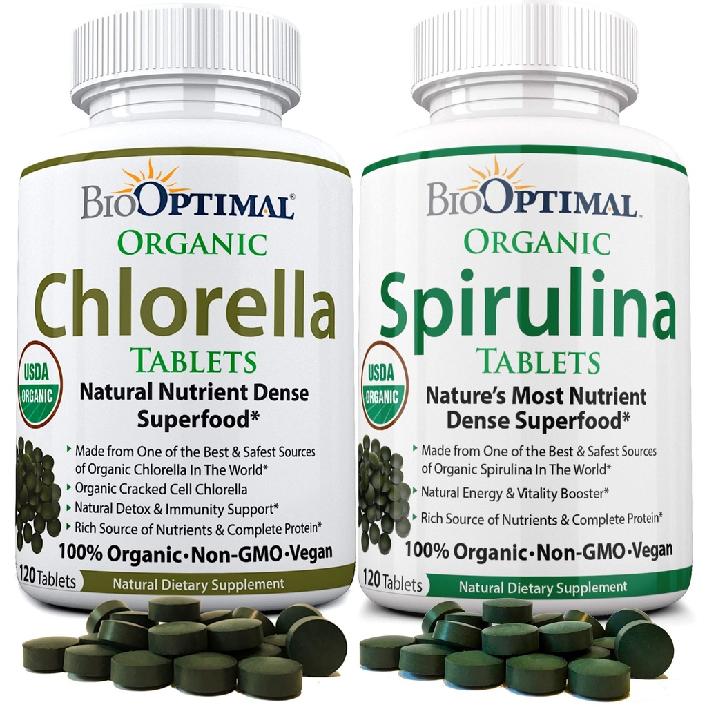 Biooptimalna klorola Spirulina - Bundle - Organic Chorella tablete & Organic Spirulina tablete, 120 Število vsak, Premium kakovost 4 Organic Certifications