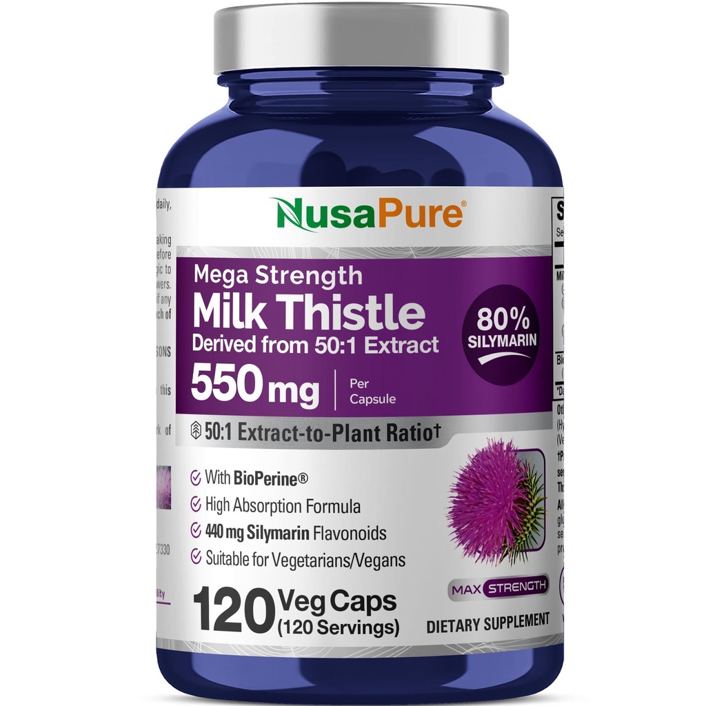 NusaPure Milk Thistle 50:1 Extract, 550 mg Enakovredno 27.500mg 120 Veggie kapsule Non-GMO, Vegan Max Jakost - standardiziranih 80% Silymarin, Bioperine