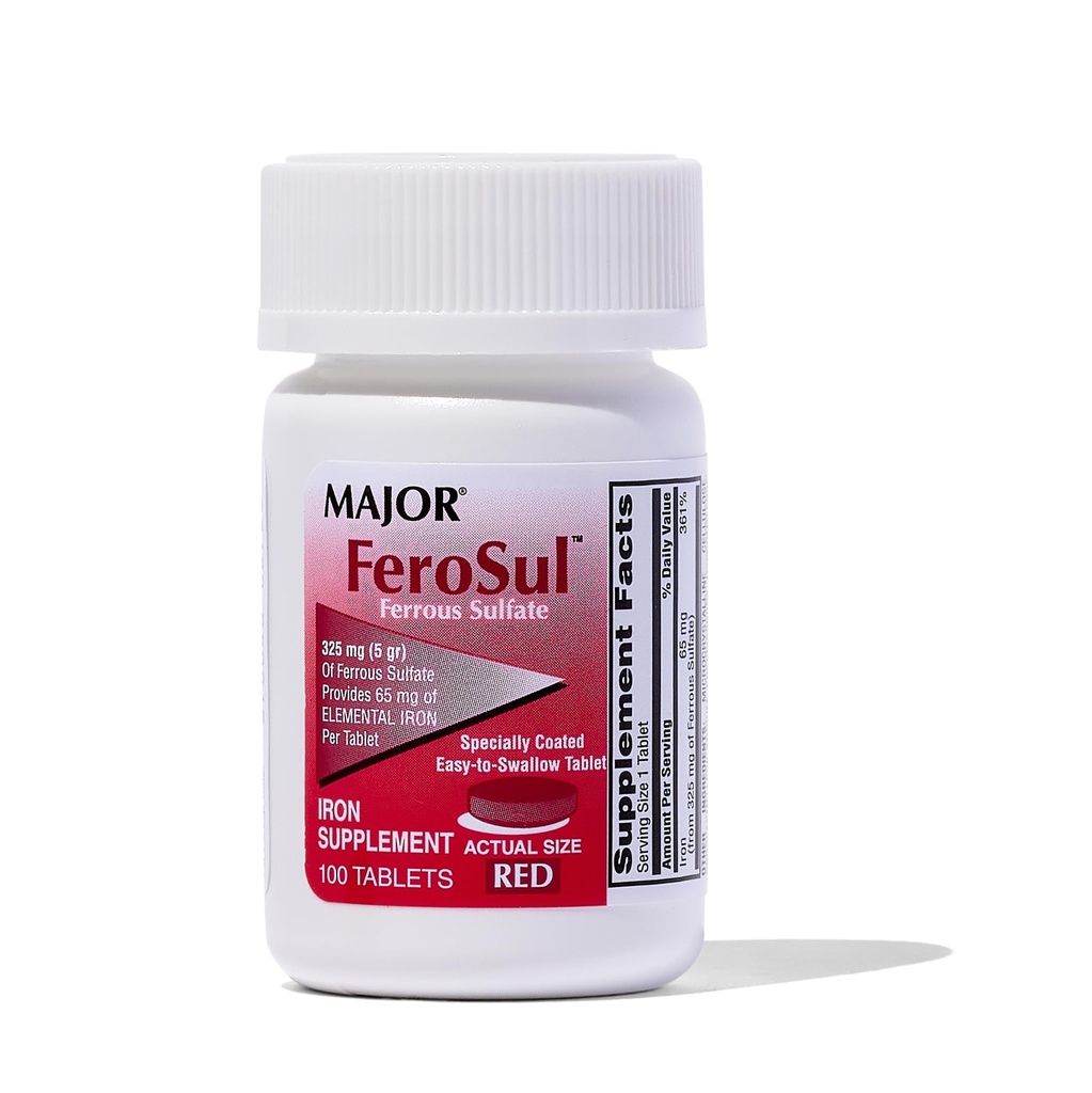 Major Ferosul - železov sulfat 325mg tablete s 65 mg elementarnega železa - železno dopolnilo za ženske, moški - rdeče - 100 tablet - pakiranje po 1