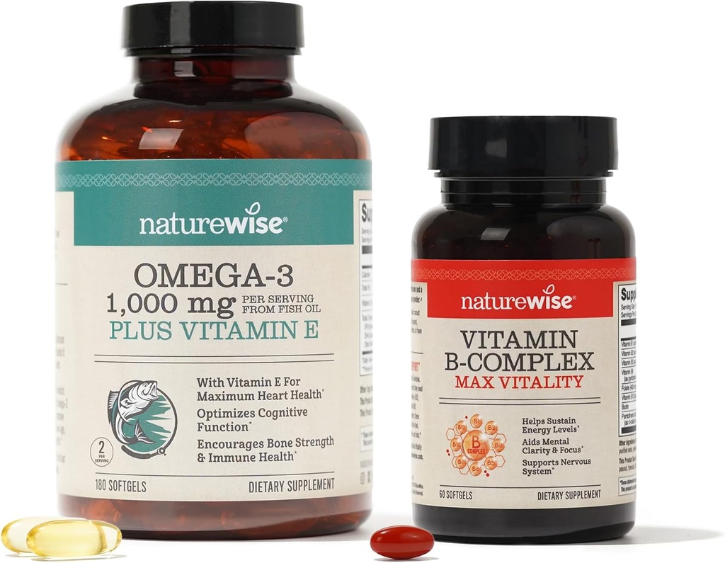 NatureWise 1000mg Omega 3 600mg EPA 400mg DHA z vitaminom E 180ct & vitamin B kompleks za celično energijo 60 Softgels[2-Mesec]