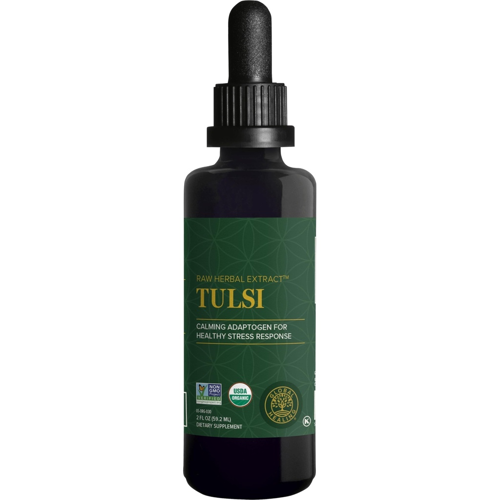 Globalni center za zdravljenje - Organski Tulsi (Sveti Basil Leaf Extract) Veganske kapljice s tekočimi dodatki (Organic Basil) - Biološko na voljo Herb za normalen odziv na stres, naravna energija in imunske podpore