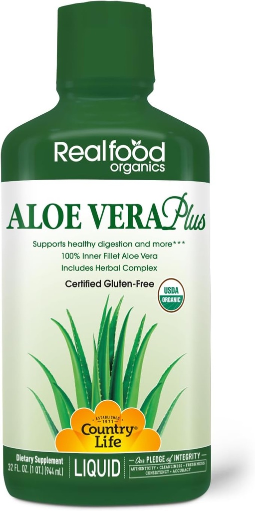 Country Life Realfood Organics Liquid Aloe Vera Plus - Podpira prebavni in imunski sistem - s Slipperiy Elm, Ginger, Kurkuma, Peppermint - Organic ACTIVALOE, Qmatrix Process - 32 oz