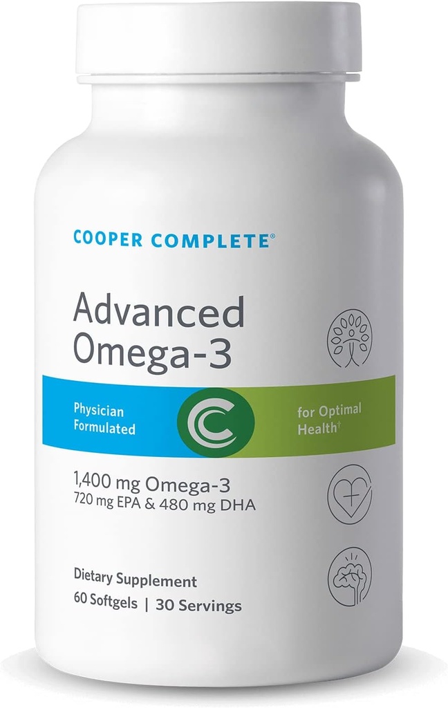 Cooper Complete - Advanced Omega 3 - ribje olje dodatek, koncentriran EPA + DHA Omega-3 Maščobne kisline 1400 mg - 60 Softgels na steklenico. Pakiranje po 3
