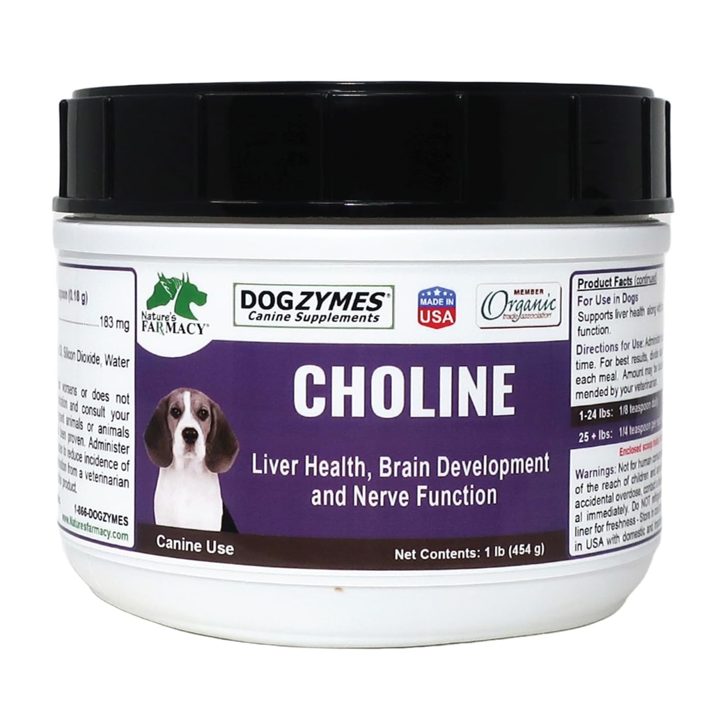 Dogzymes Choline pomaga pri delovanju možganov in pomaga tudi z napadi in možganska regeneracija. Uporablja se tudi za čiščenje jeter nakopičenih lipidov (1 funt)